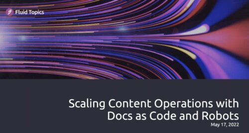 Title slide of Scaling Content Operations with Docs as Code and Robots Screen shot of colorful laser lines