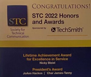 Poster with the STC logo and the words Congratulations! STC 2022 Honors and Awards - Presidents Award JoAnn Hackos