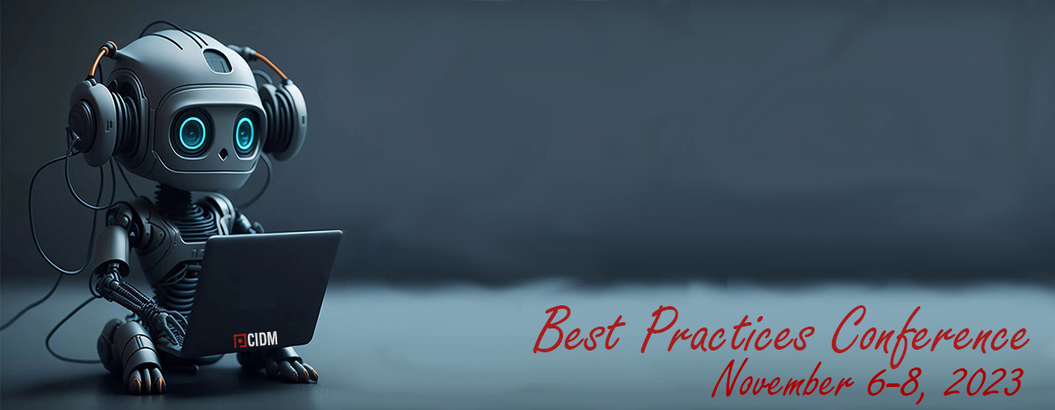 Dark blue banner with picture of a robot holding a laptop