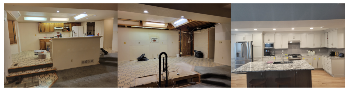 photo of a before, during, after kitchen remodel