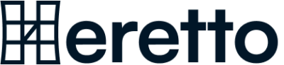 Heretto logo with blocks making the capital letter H and the rest of the letters , black and in lowercase sans serif type