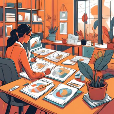 Computer generated graphic of a woman sitting at a desk doing work.