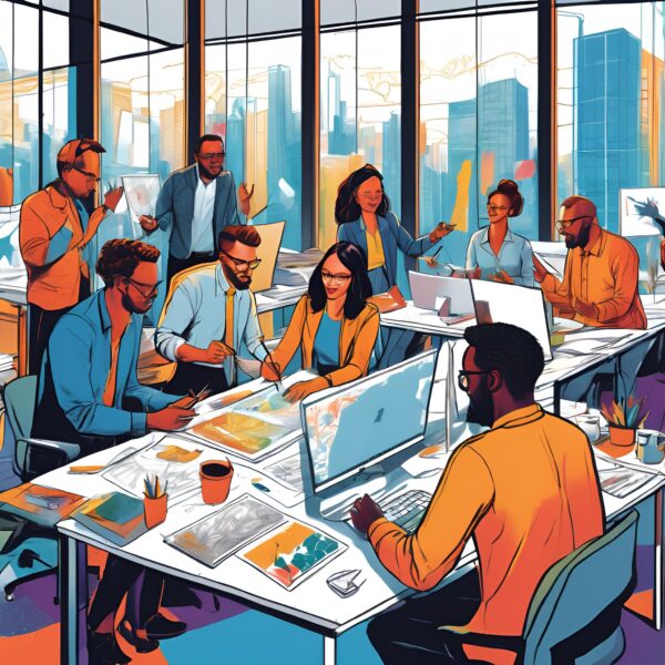 Computer generated graphic of people working around a table.